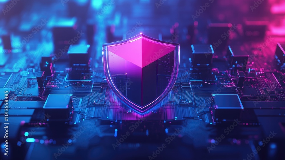 Poster a digital shield protecting a network of servers and computers, symbolizing cybersecurity and secure