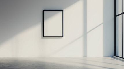 Obraz premium A single black picture frame on a stark white wall in a well-lit, minimalist room. Emphasize negative space