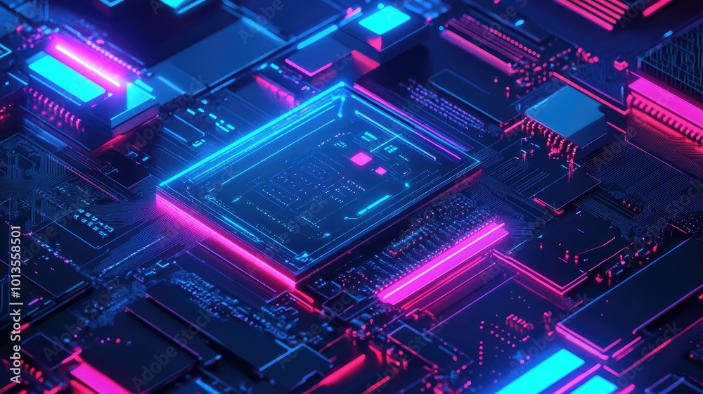Fototapete a futuristic graphic design featuring holographic text and neon colors, symbolizing the intersection