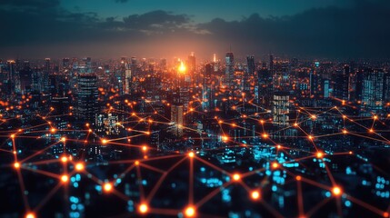 Fototapeta premium A glowing city skyline with data streams running through buildings, illustrating the concept of smart cities and networked infrastructure.