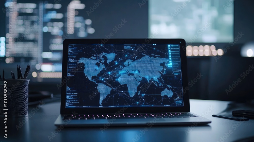 Poster a laptop on a desk displaying a real-time network connection monitor, with digital maps and data flo