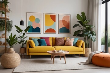 Modern and colorful living room interior with boucle sofa design, posters, table, shelves, plants, decorations and personal items. Elegant home decoration.