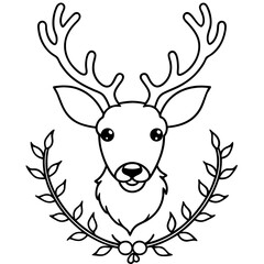 A reindeer head with a wreath around its neck