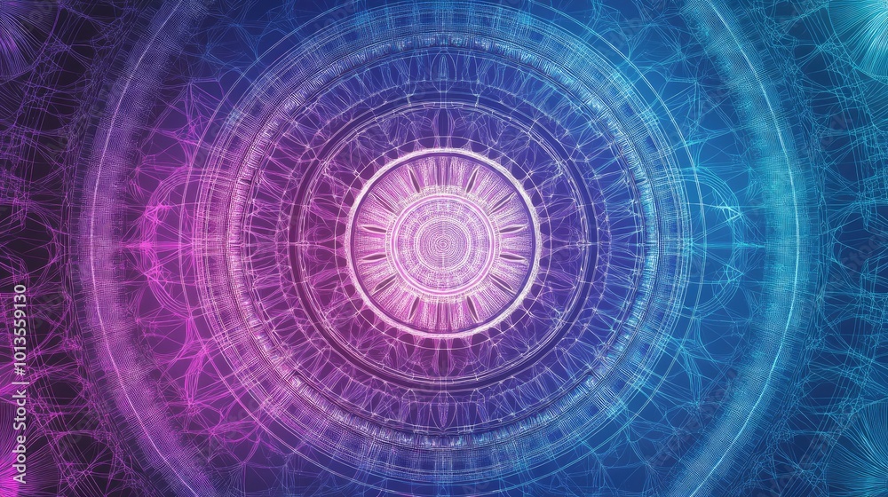 Poster a vibrant geometric lines pattern with circular and radial lines intersecting to form intricate, sym
