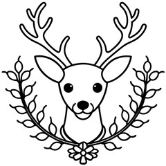A reindeer head with a wreath around its neck