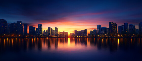 Obraz premium City skyline at sunset with colorful reflections on water, serene evening atmosphere.