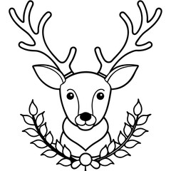 A reindeer head with a wreath around its neck
