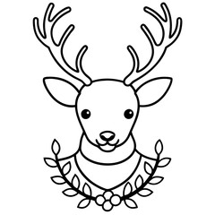 A reindeer head with a wreath around its neck