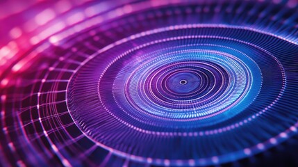 Fototapeta premium A vibrant geometric lines pattern with circular and radial lines intersecting to form intricate, symmetrical designs in shades of purple and blue.