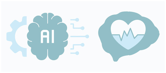 Artificial intelligence, brain, network. Heart, mind, health, technology, business, medical, global. Human, computer, innovation, global. Set, icon, vector