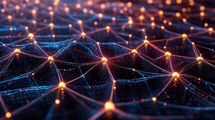 A vibrant digital network of glowing points connected by intricate lines, illustrating advanced technology and connectivity.
