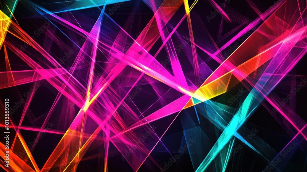 Poster abstract geometric lines in neon colors intersecting at sharp angles, set against a dark background 
