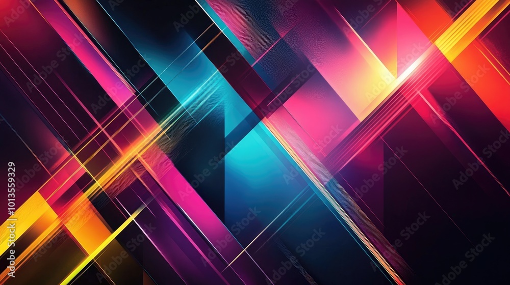 Poster abstract geometric lines in neon colors intersecting at sharp angles, set against a dark background 