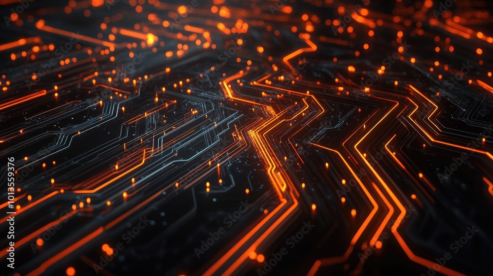 Poster abstract tech design with swirling lines, data points, and glowing circuits, offering a visually str