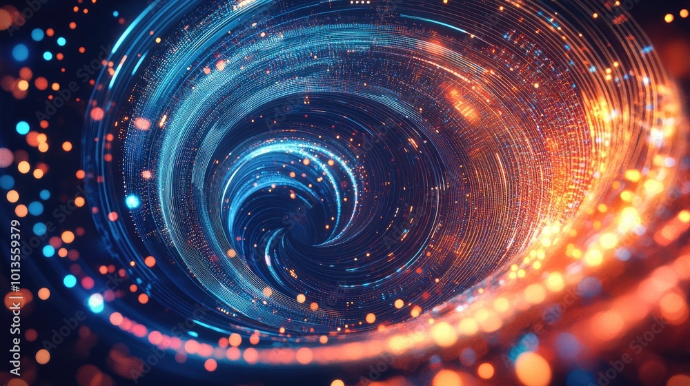 Poster abstract tech design with swirling lines, data points, and glowing circuits, offering a visually str
