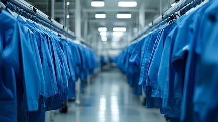 A row of blue garments hanging in a well-lit industrial environment, showcasing organized clothing in a clothing or laundry facility.