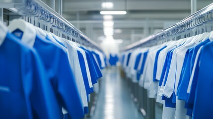 A row of neatly hung blue and white shirts in a well-lit warehouse, showcasing organized apparel ready for distribution.