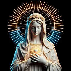 Fototapeta premium A Beautiful Mary mother of God Catholic Art on a black background. 3D rendering. Neon lights