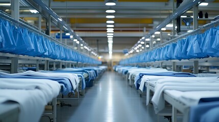 Obraz premium A spacious garment factory showing rows of neatly arranged clothing on tables and hanging from racks, illuminated by bright overhead lights.