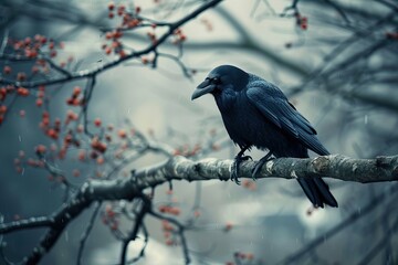 Solitary raven perched on a bare branch in a moody, overcast autumn setting