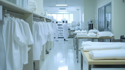 A clean, organized laundry room filled with white medical garments on racks and tables, indicating a sterile environment.