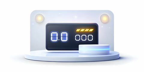 Flat Vector Illustration of Glowing Cyber Monday Countdown Clock and Credit Card on Modern Podium with Copy Space for E-commerce Advertising