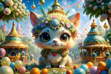 Fototapeta premium Cute kitten in flower crown at whimsical garden festival.