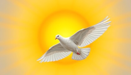 Fototapeta premium A white dove in mid-flight, wings spread wide against a stunning sunburst background.