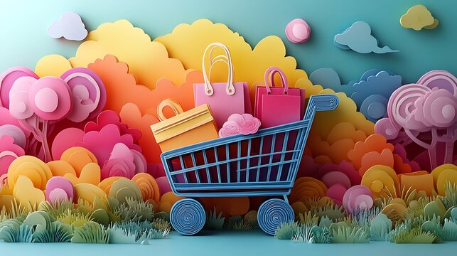 A Whimsical Paper Cutout World Filled With Shopping Bags and Vibrant Nature Elements Awaits