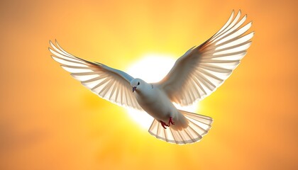 Fototapeta premium A white dove in mid-flight, wings spread wide against a stunning sunburst background.