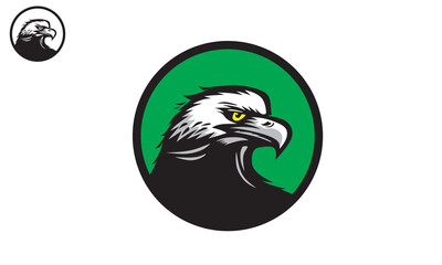 strong eagle head in circle logo, silhouette of great hawk closeup vector illustrations