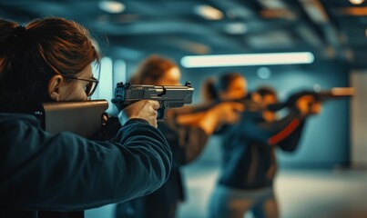 Woman aiming handgun at indoor shooting range.