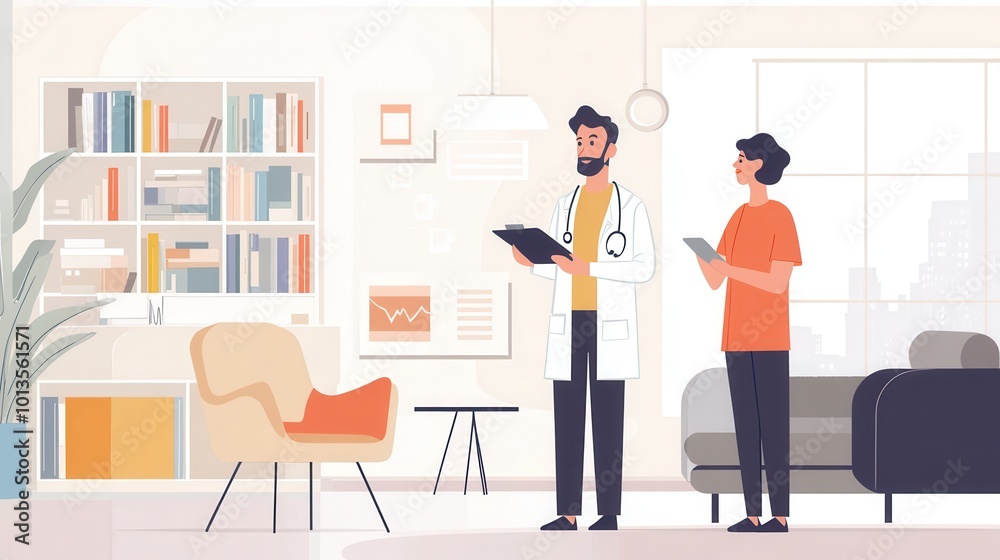 Poster a doctor explains a diagnosis to a patient in a well-lit consultation room filled with books and com