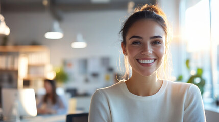 A smiling woman in bright office setting exudes positivity and confidence. warm light enhances her cheerful expression, creating an inviting atmosphere