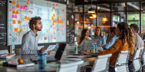 Obraz premium A group of people sitting around an office table, with one person standing and presenting on the whiteboard in front of them