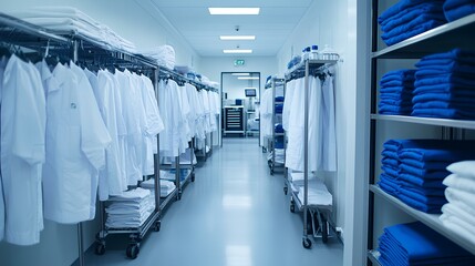 A clean, organized hallway features white medical garments and neatly stacked blue towels, illustrating a clinical environment.
