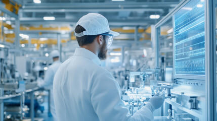 A scientist in lab coat and cap is focused on analyzing data on high tech screen in modern laboratory. environment is bright and filled with advanced equipment, showcasing commitment to innovation and