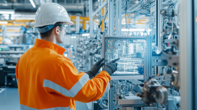 A worker in an orange safety jacket and helmet is monitoring machinery on digital screen in an industrial setting. environment is filled with complex equipment, showcasing high tech manufacturing proc