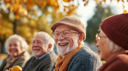 A joyful group of elderly people enjoying sunny day outdoors, sharing laughter and warmth. Their smiles reflect happiness and companionship amidst autumn leaves