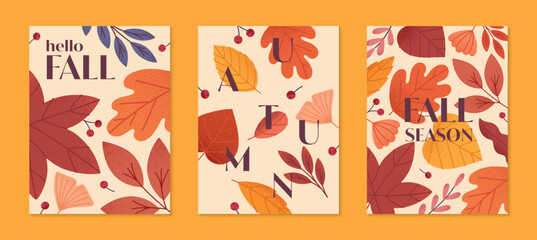 Fototapeta premium Autumn seasonal posters with leaves; ginkgo; berries and plants in fall colors.Vector modern illustrations.Trendy autumn templates for prints; ad; social media marketing; branding; packaging; covers.