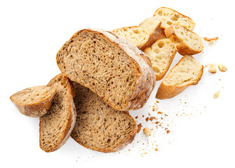 Cutting slices of wholegrain wheat bread with crumbs  isolated on white background. Rye, wheat toast bread pieces collection top view, flat lay..