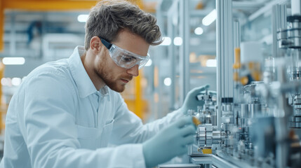 A focused technician in lab coat and safety goggles is meticulously working on machinery in modern industrial setting. His attention to detail highlights importance of precision in engineering