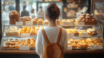 A Young Woman Enjoys the Scrumptious Selection at a Cozy Bakery on a Serene Day