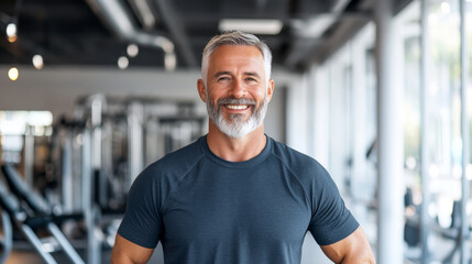 A fit man with beard smiles confidently in modern gym setting, showcasing healthy lifestyle and positive energy. His athletic build and relaxed demeanor inspire motivation and wellness