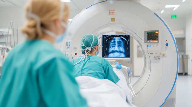 Medical professionals examine patients X ray in modern hospital setting. scene captures importance of technology in healthcare, showcasing teamwork and patient care