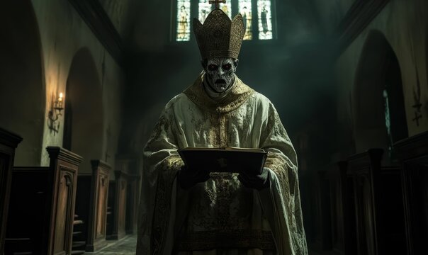 A ghoulish priest holds a book in a church.