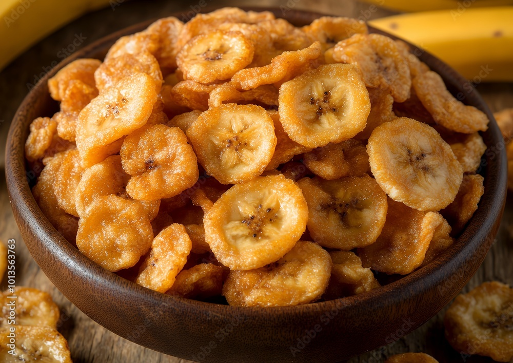 Canvas Prints Crispy banana chips in a bowl, a healthy snack.