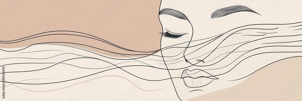 Poster an artistic representation features flowing lines that elegantly shape a female face, evoking feelin