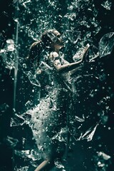 Fototapeta premium Woman in White Dress Reaching Out amidst Falling Shattered Glass