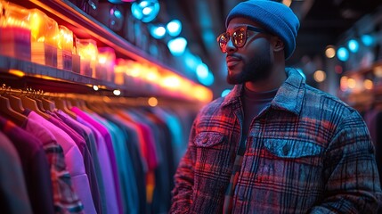 Fototapeta premium A Stylish Shopper Enjoying a Colorful Shopping Experience in a Fashion Store With LED Lights